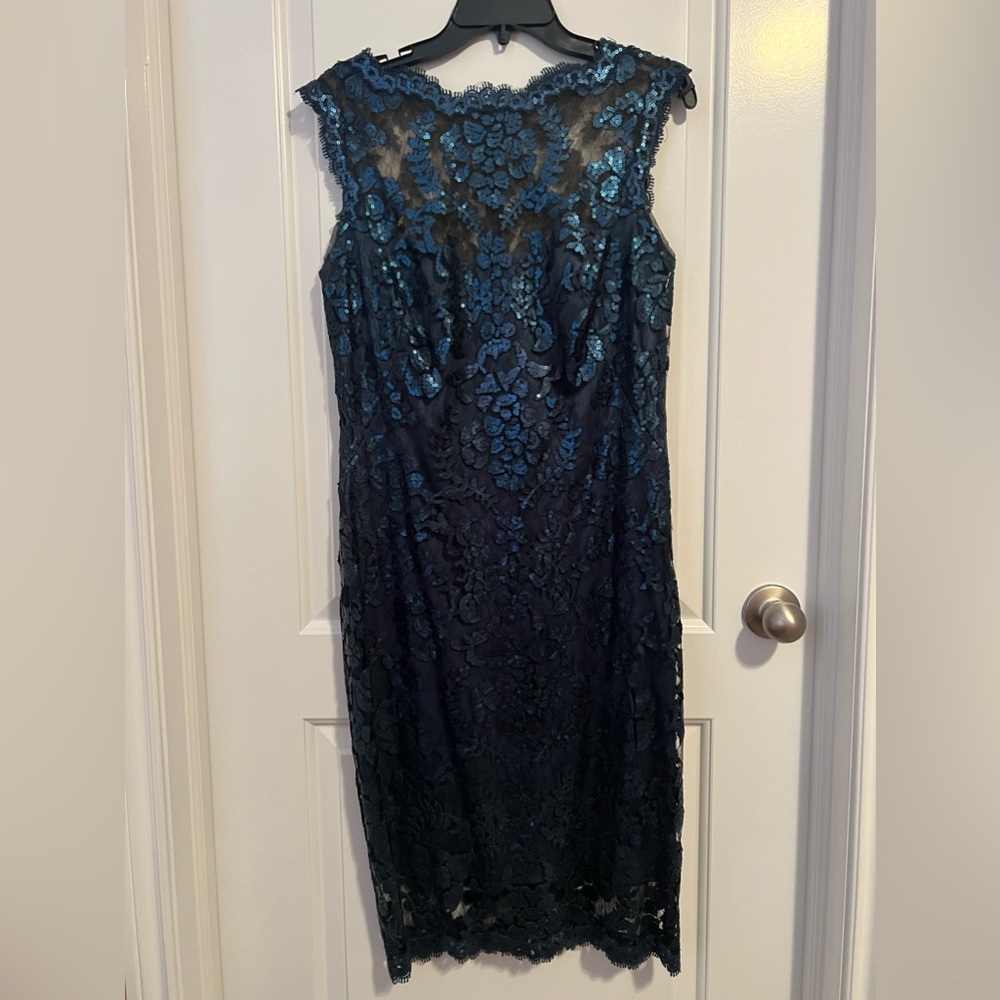 Tadashi Shoji Lace Sequin Illusion Neck Dress